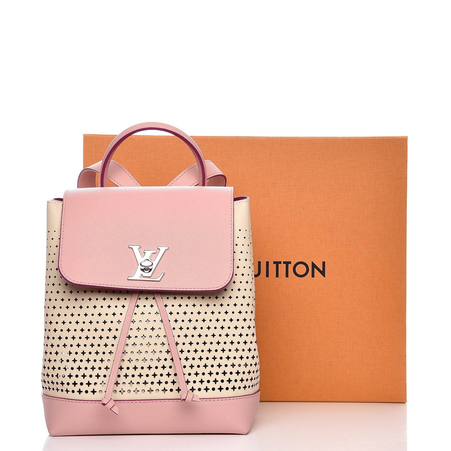 Perforated Calfskin Lockme Backpack Rose Poudre Creme