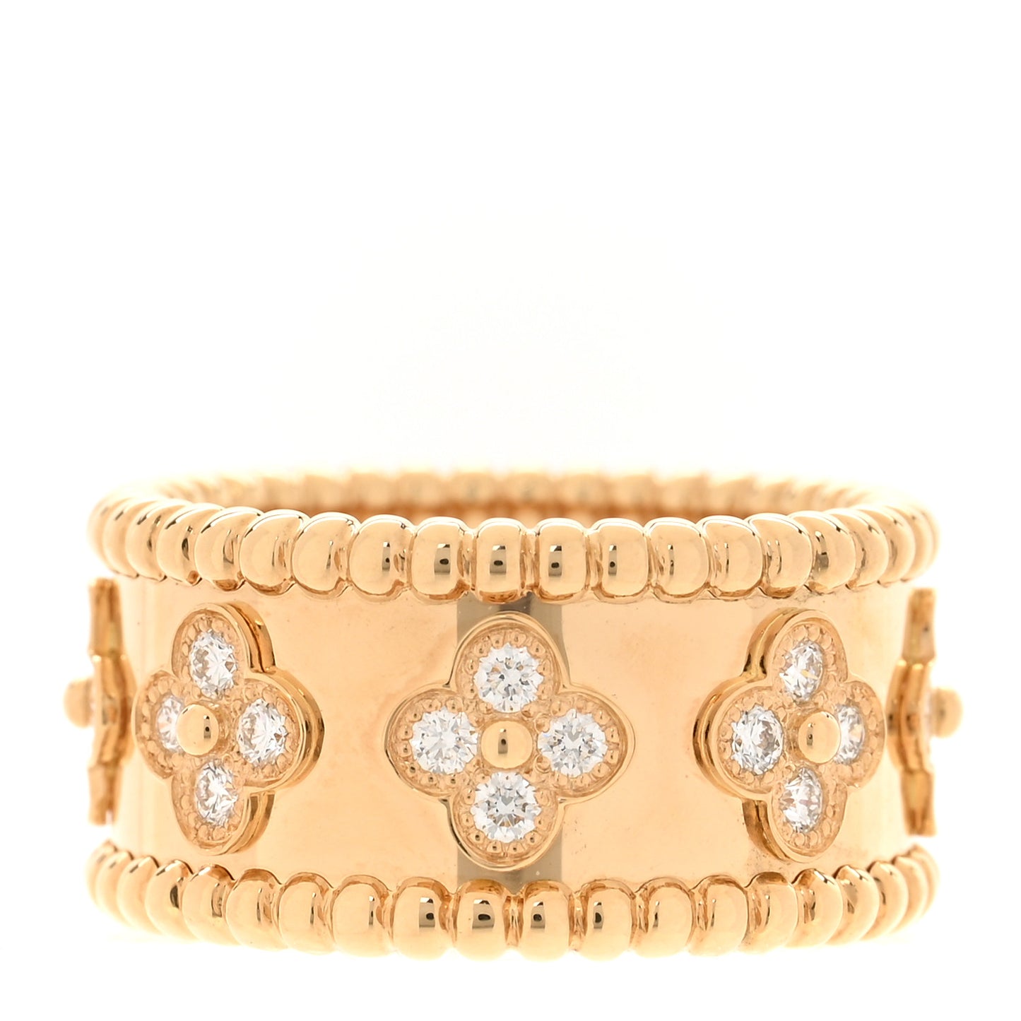 18K Yellow Gold Diamond Medium Perlee Clovers Ring 54 7