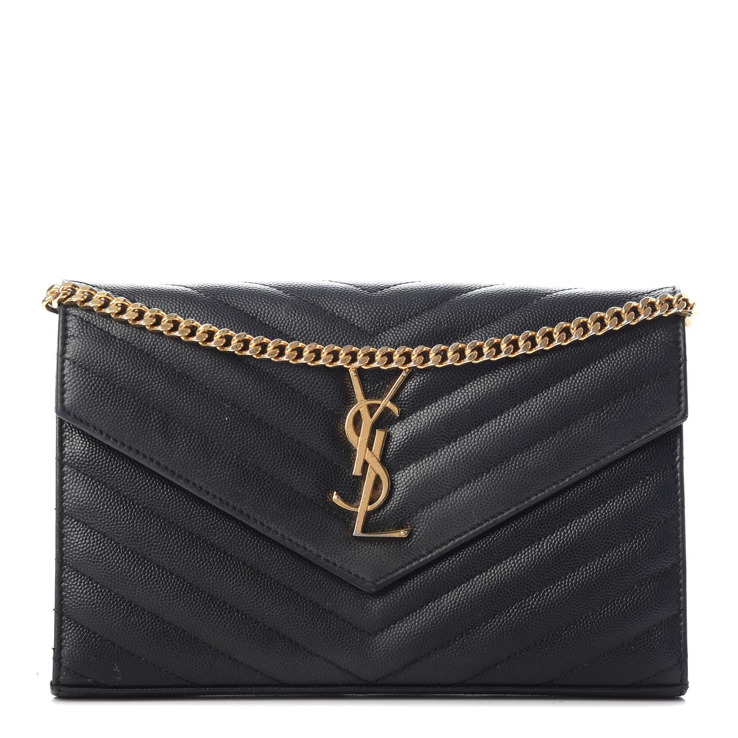 Saint Laurent Grain De Poudre Matelasse Chevron Monogram Chain Wallet Black 1 of 9