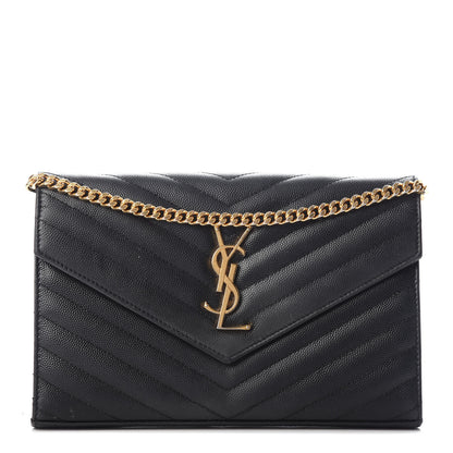 Saint Laurent Grain De Poudre Matelasse Chevron Monogram Chain Wallet Black 1 of 9
