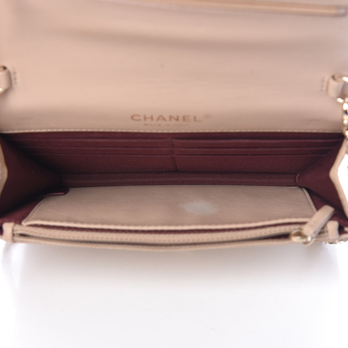 Patent Quilted Golden Class Wallet on Chain WOC Light Beige
