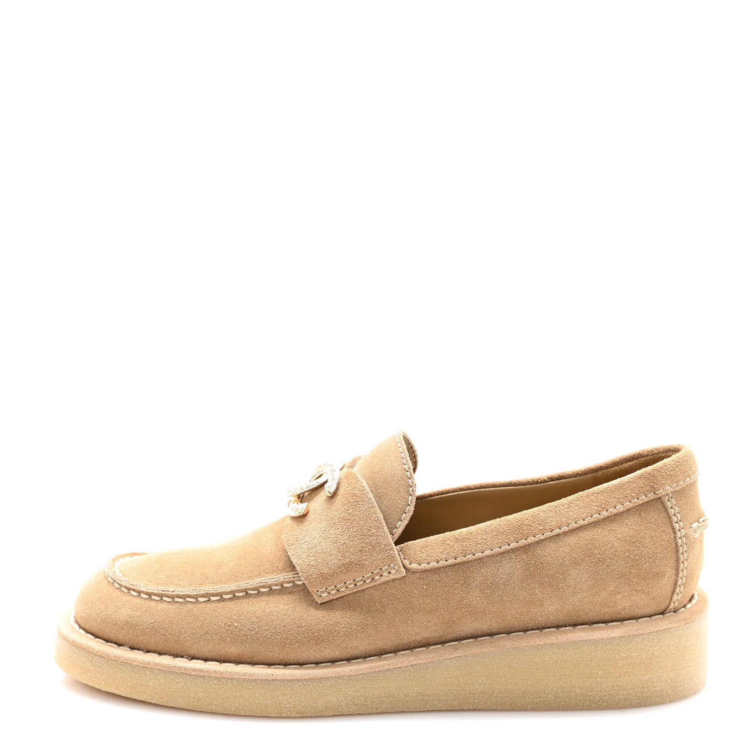 CHANEL ベージュ ローファー 36 Chanel Suede Calfskin Pearl CC Moccasin Loafers 36.5 Dark Beige