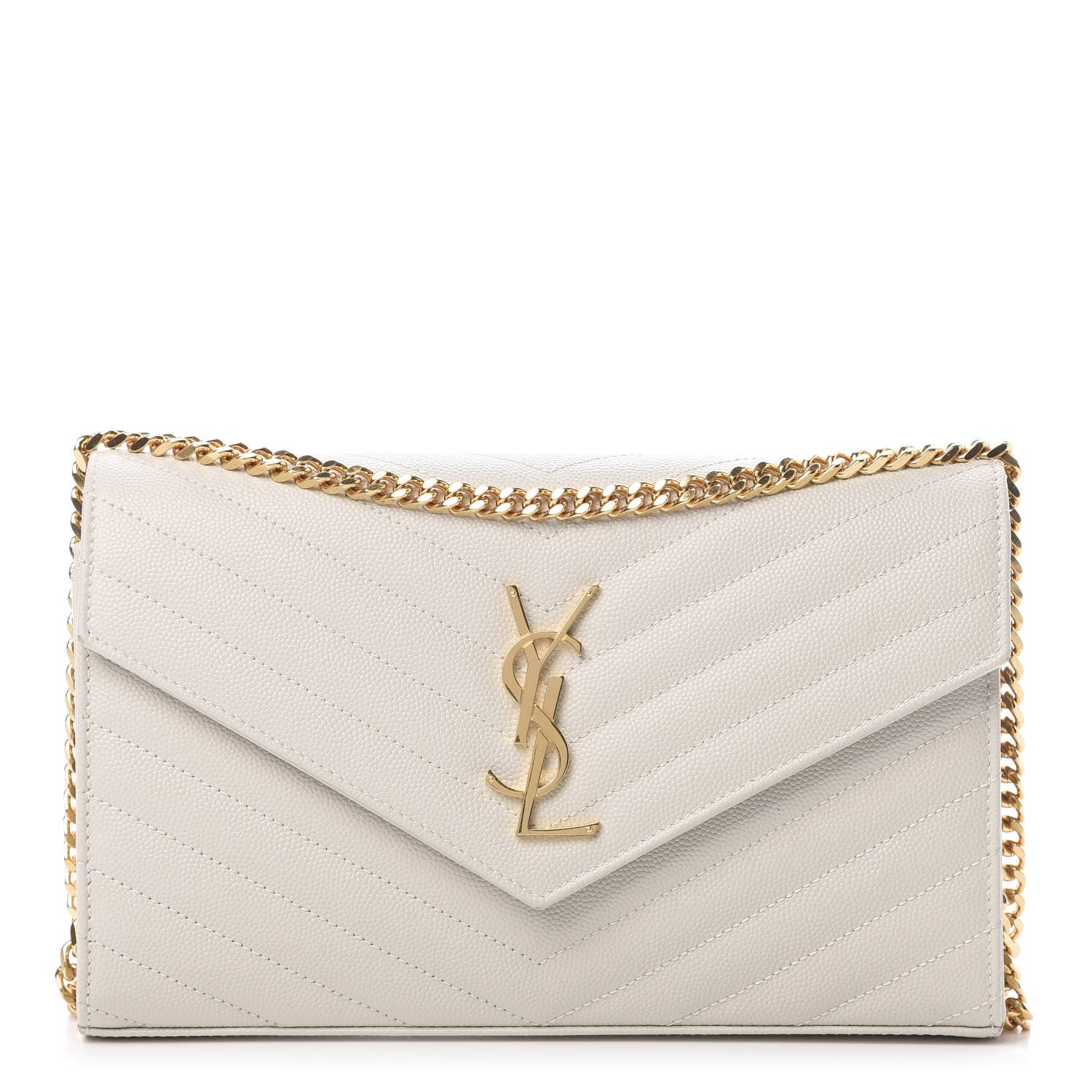 Saint Laurent Grain De Poudre Matelasse Chevron Monogram Chain Wallet Crema Soft 1 of 12