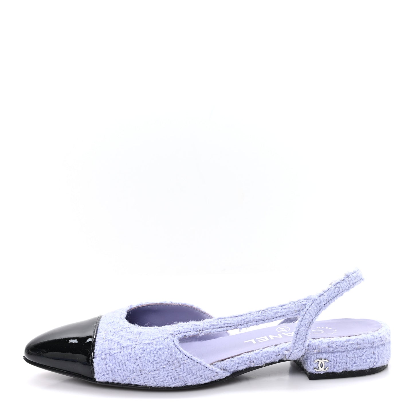 Iridescent Wool Tweed Patent Cap Toe CC Slingback Flats 36.5 Light Purple Silver Black