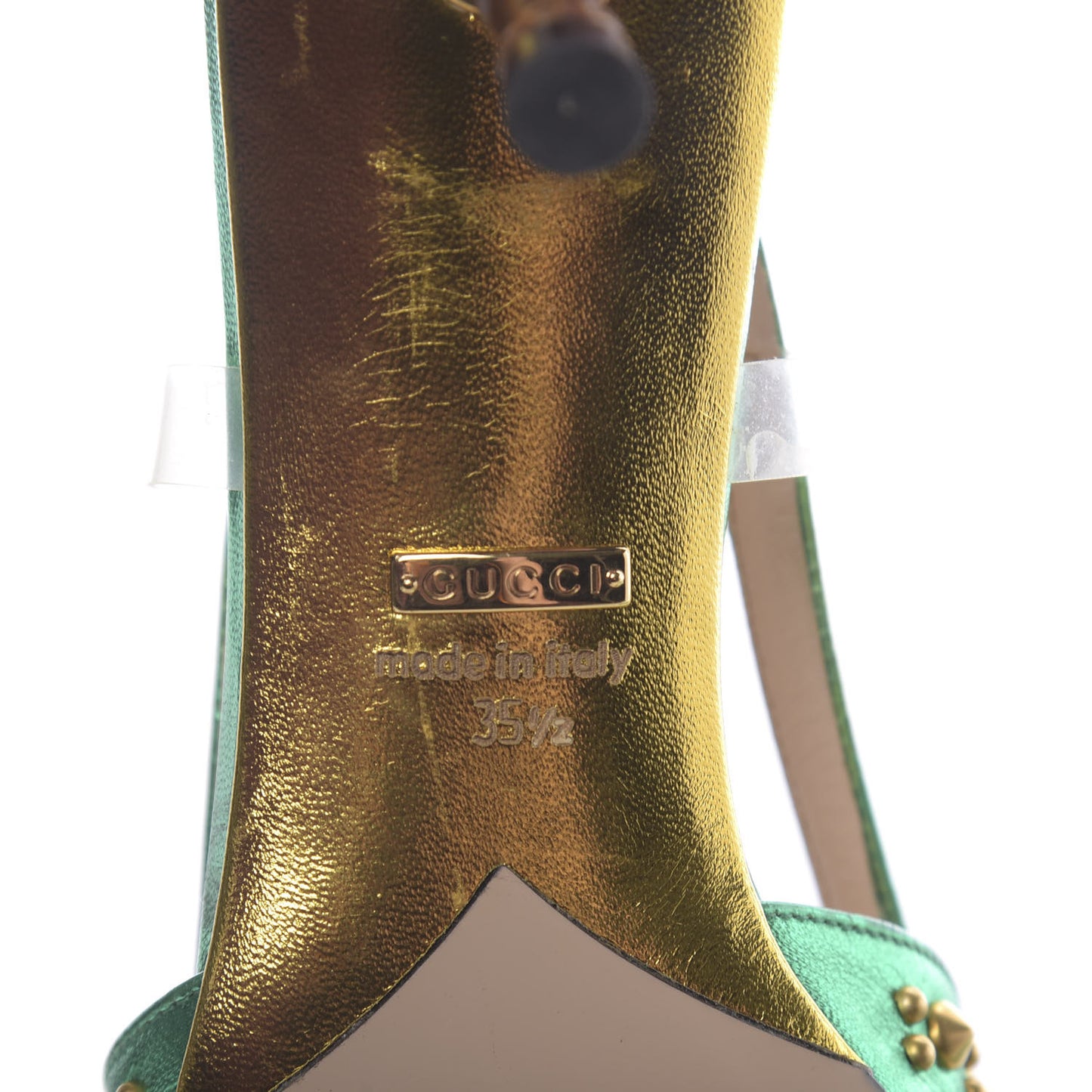Metallic Calfskin Studded Unia Pointed Toe Low Heel Slingback Pumps 35.5 Green