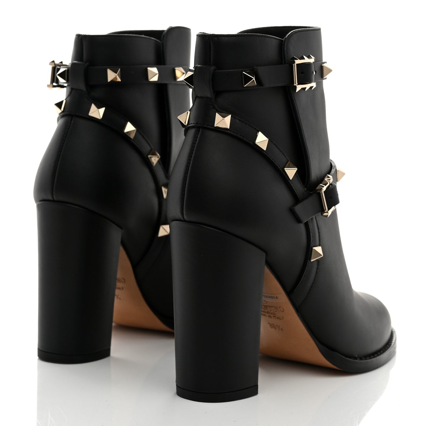 Pebbled Calfskin Rockstud Double Buckle 70mm Block Heel Ankle Boots 36.5 Black