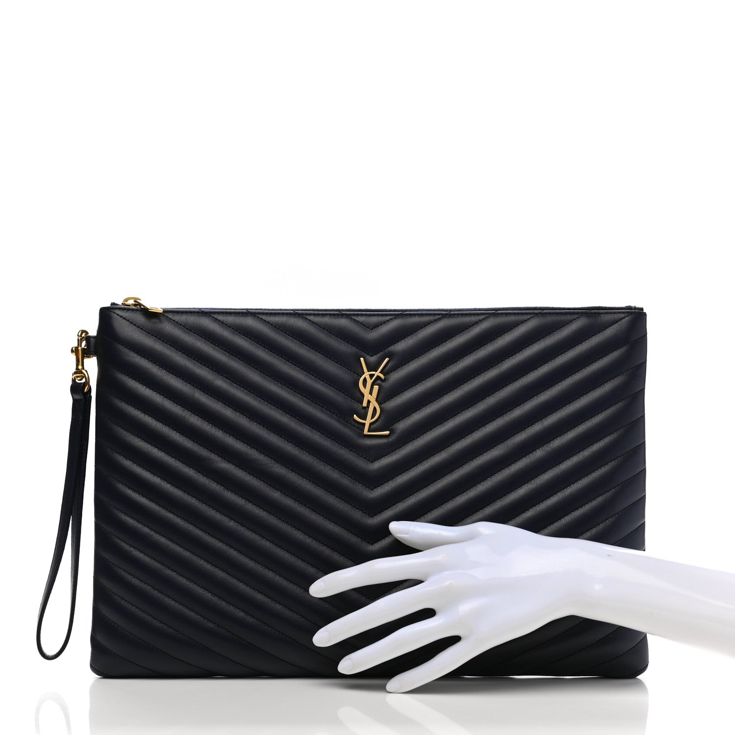 Saint Laurent Calfskin Matelasse Chevron Monogram Document Holder Marine 2 of 8