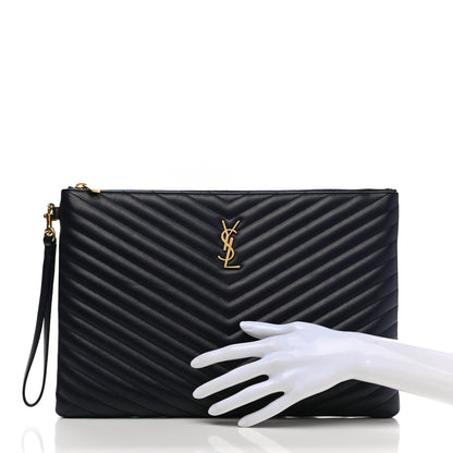 Saint Laurent Calfskin Matelasse Chevron Monogram Document Holder Marine 2 of 8