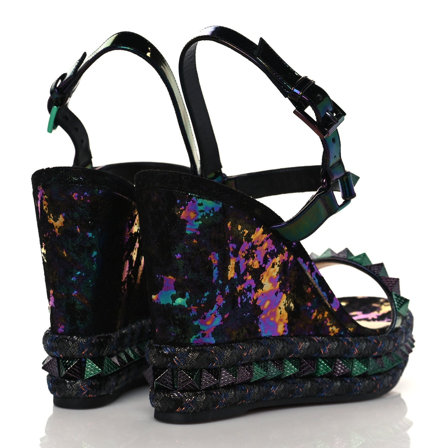 Patent Calfskin Dark Rainbow Print Pyraclou 110 Wedge Sandals 40 Black Multicolor