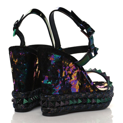 Christian Louboutin Patent Calfskin Dark Rainbow Print Pyraclou 110 Wedge Sandals 40 Black Multicolor 4 of 7
