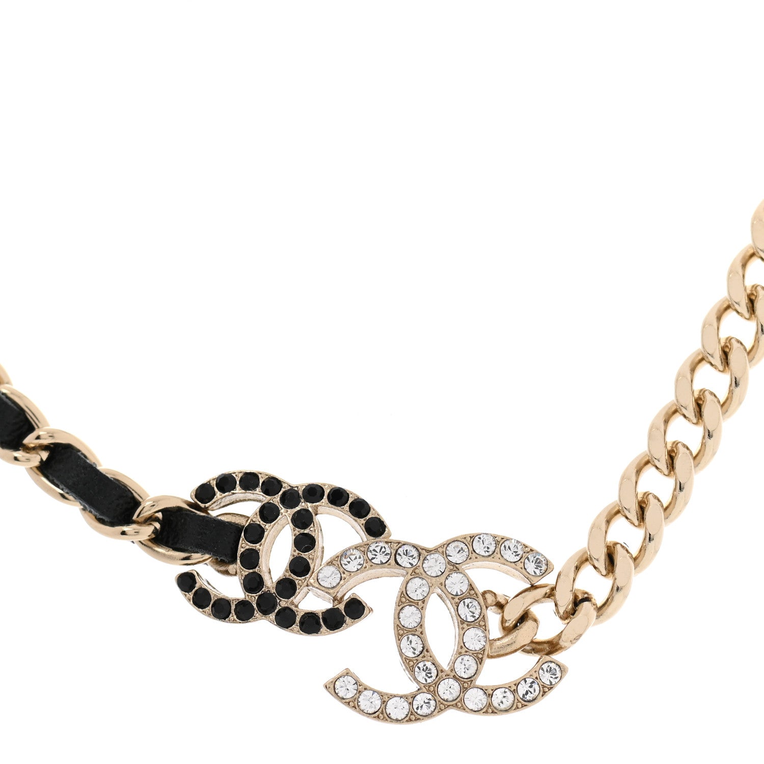Chanel Metal Calfskin Crystal Double CC Short Necklace Black Gold 4 of 6