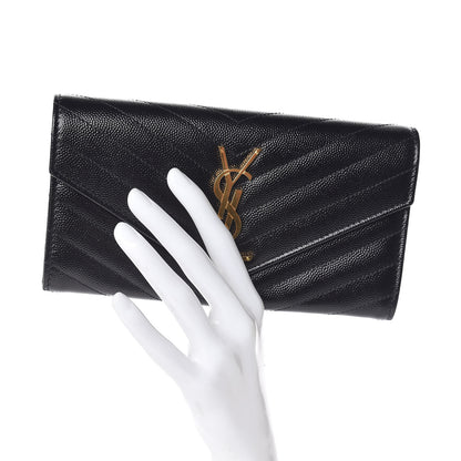 Saint Laurent Grain De Poudre Matelasse Chevron Monogram Flap Wallet Black 2 of 7