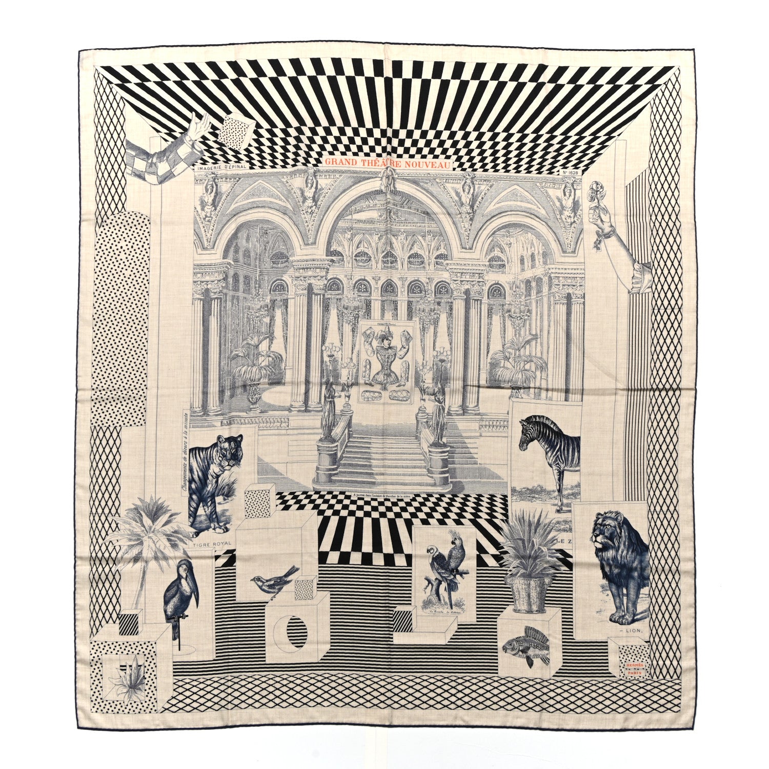 Hermes Cashmere Silk Grand Theatre Nouveau Shawl 140 Naturel Marine Black 1 of 6