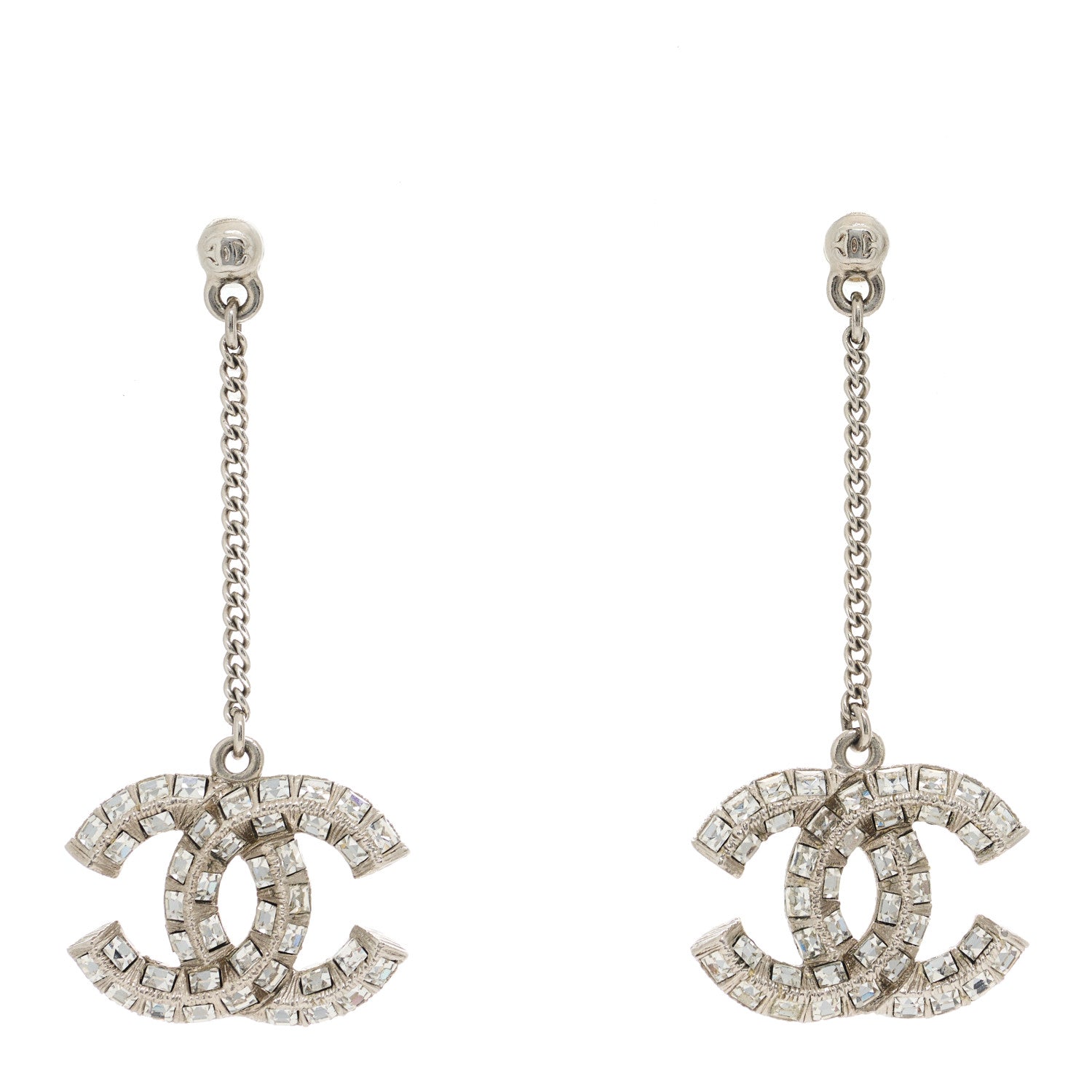 Chanel Baguette Crystal CC Drop Earrings Silver 1 of 5