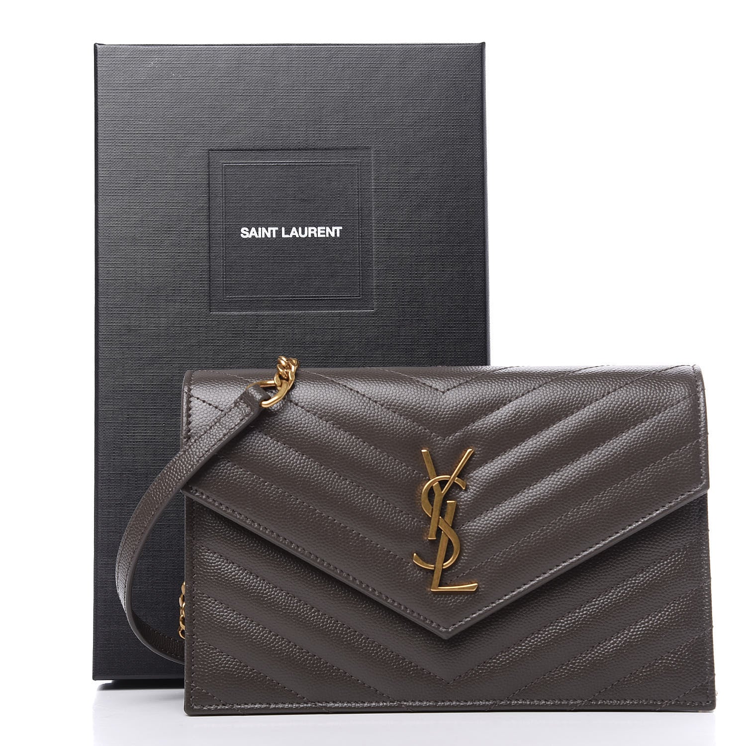 Saint Laurent Grain De Poudre Matelasse Chevron Monogram Envelope Chain Wallet Pebble 11 of 11