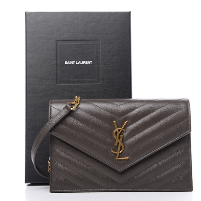 Saint Laurent Grain De Poudre Matelasse Chevron Monogram Envelope Chain Wallet Pebble 11 of 11
