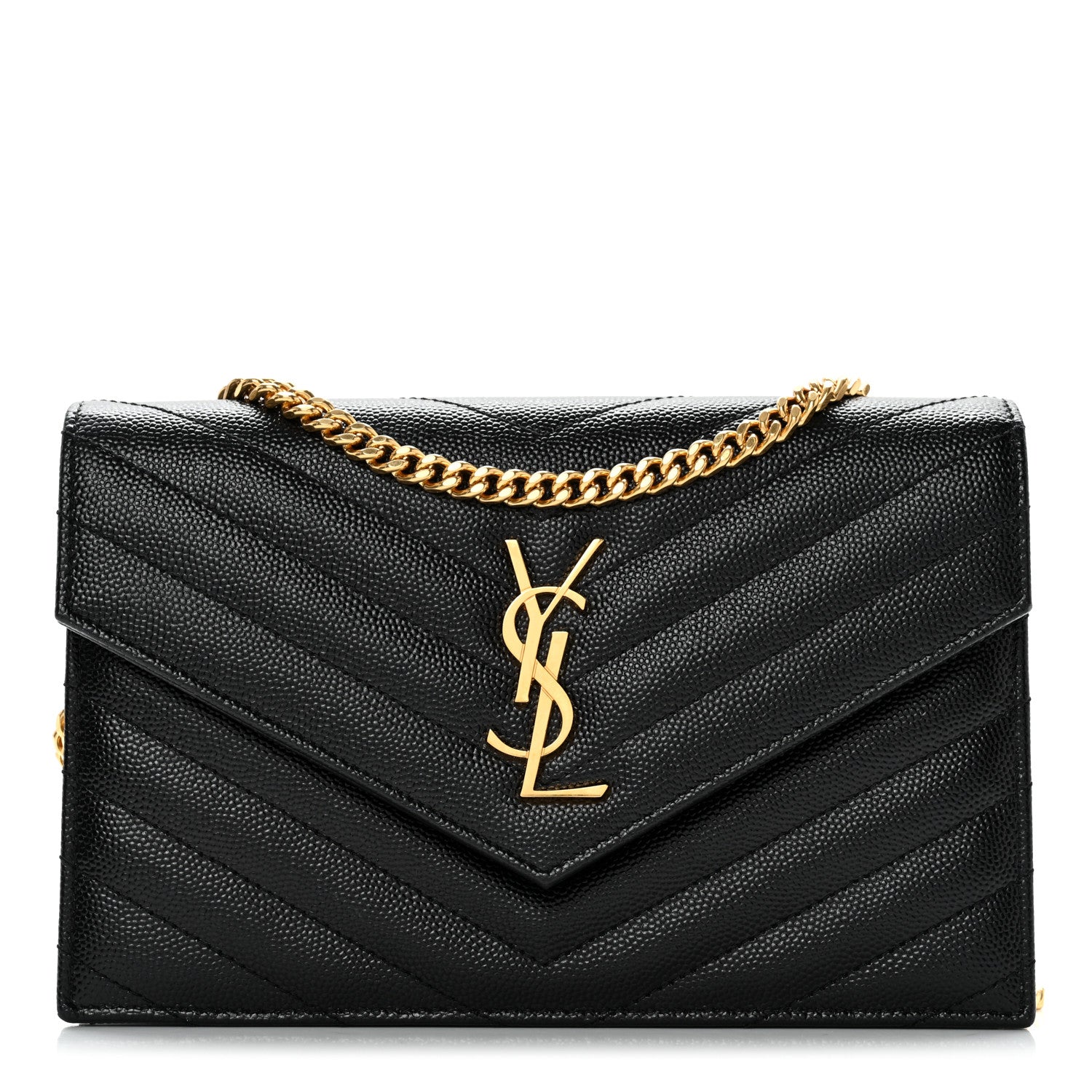 Saint Laurent Grain De Poudre Matelasse Chevron Monogram Envelope Chain Wallet Black 1 of 12