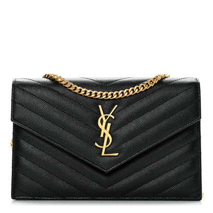 Saint Laurent Grain De Poudre Matelasse Chevron Monogram Envelope Chain Wallet Black 1 of 12