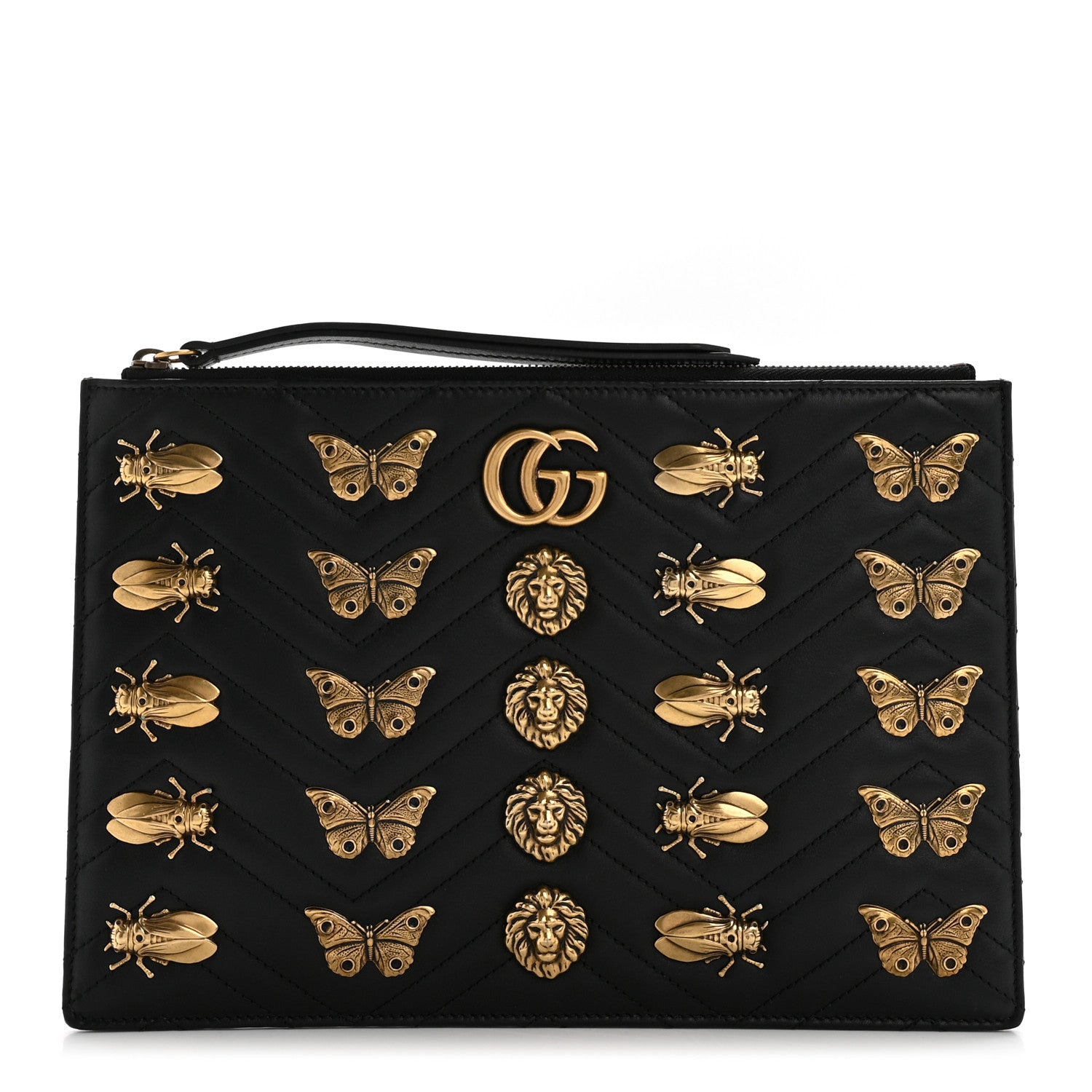 Gucci Calfskin Matelasse Animal Studs GG Marmont Pouch Bag Black 1 of 8