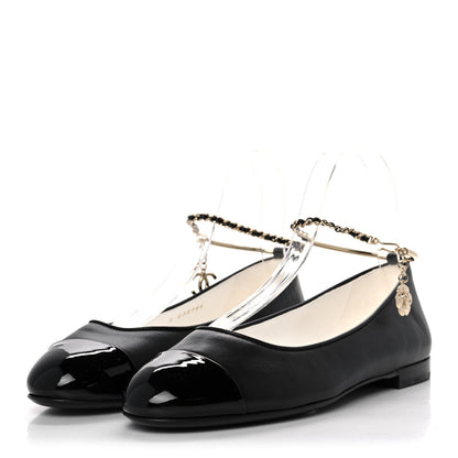 Chanel Lambskin Patent Calfskin Cap Toe Ankle Chain Ballerina Flats 39.5 Black 1 of 8