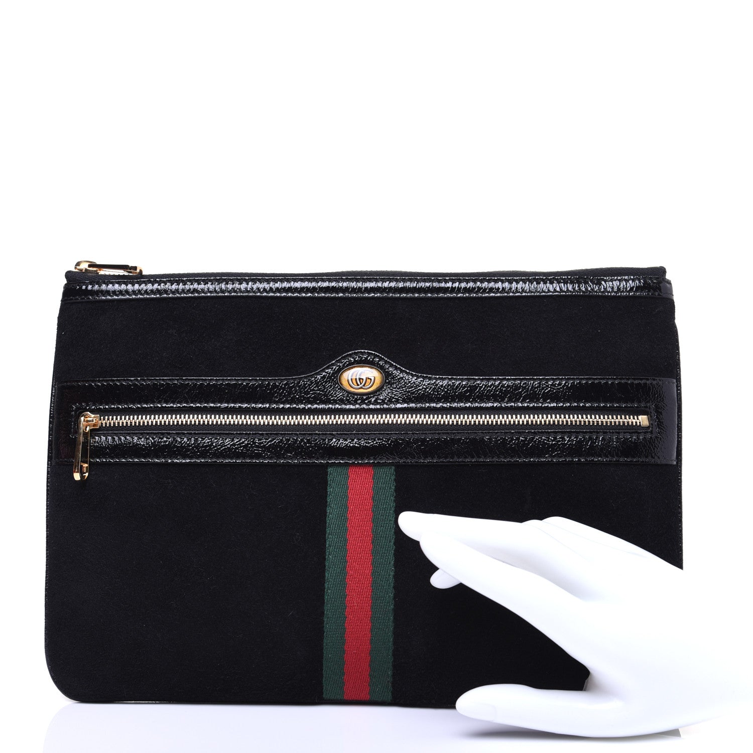 Gucci Suede Patent Large Ophidia Pouch Clutch Black 2 of 10