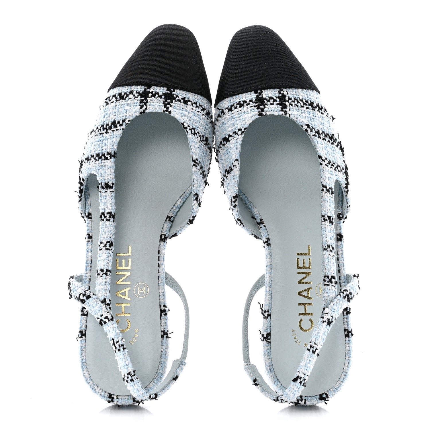 Chanel Tweed Grosgrain Cap Toe Slingback Flats 37 Blue White Black 2 of 11