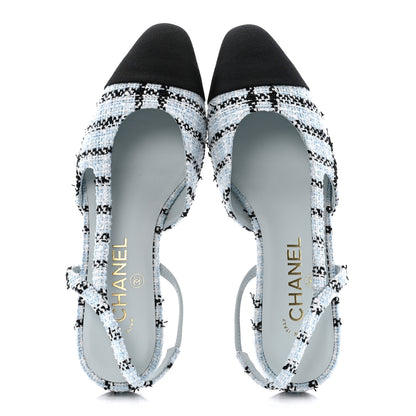 Chanel Tweed Grosgrain Cap Toe Slingback Flats 37 Blue White Black 2 of 11