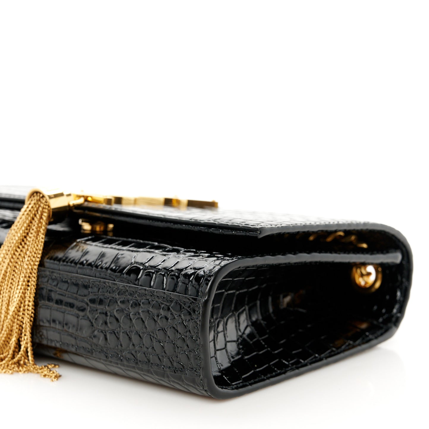Calfskin Crocodile Embossed Small Classic Monogram Kate Tassel Satchel Black