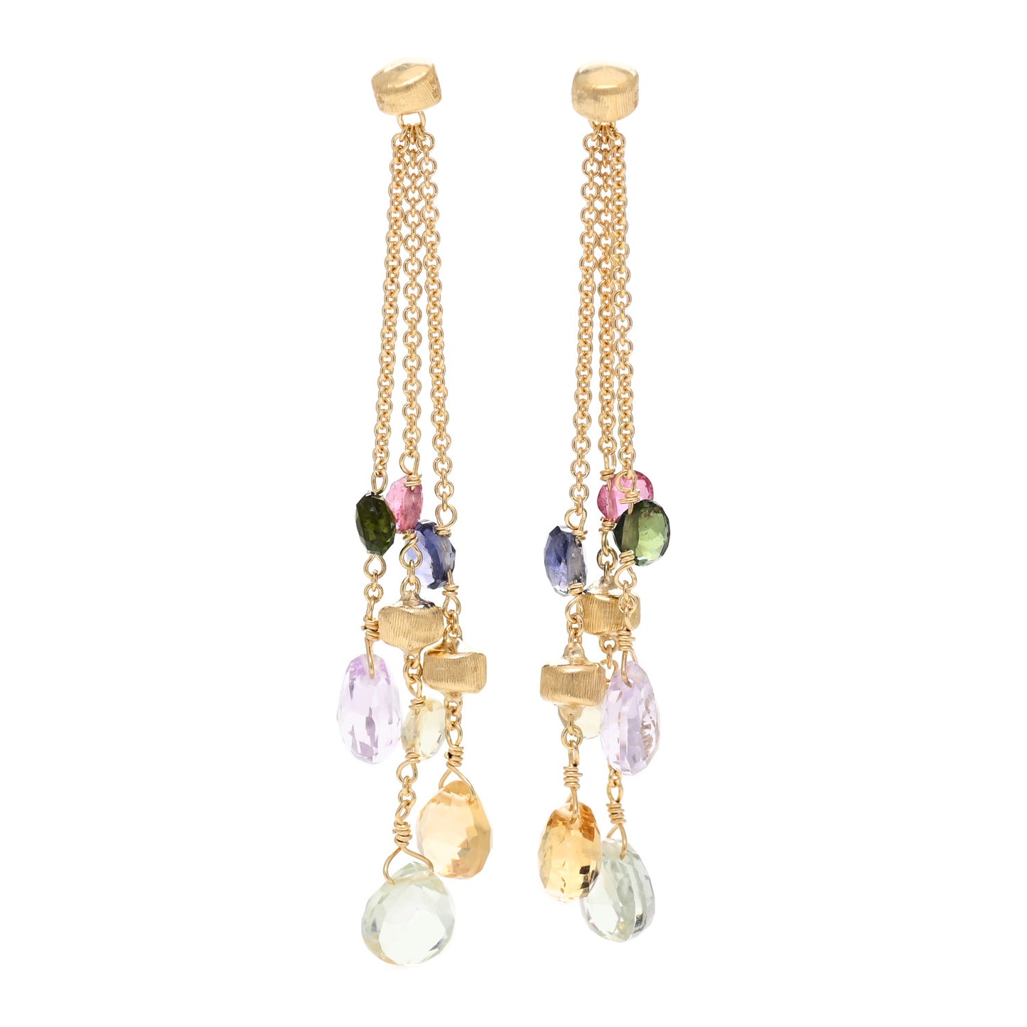 18K Yellow Gold Multi Gemstone Paradise Three-Strand Long Drop Earrings