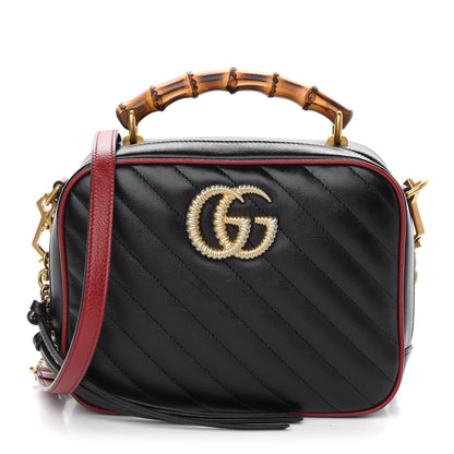 Gucci Vintage Effect Calfskin Matelasse Diagonal Small Torchon GG Marmont Bamboo Top Handle Shoulder Bag Black Romantic Cherry 1 of 9