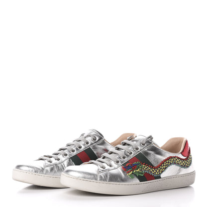 Gucci Metallic Nappa Ayers Web Dragon Embroidered Mens New Ace Sneakers 11 Silver 2 of 10