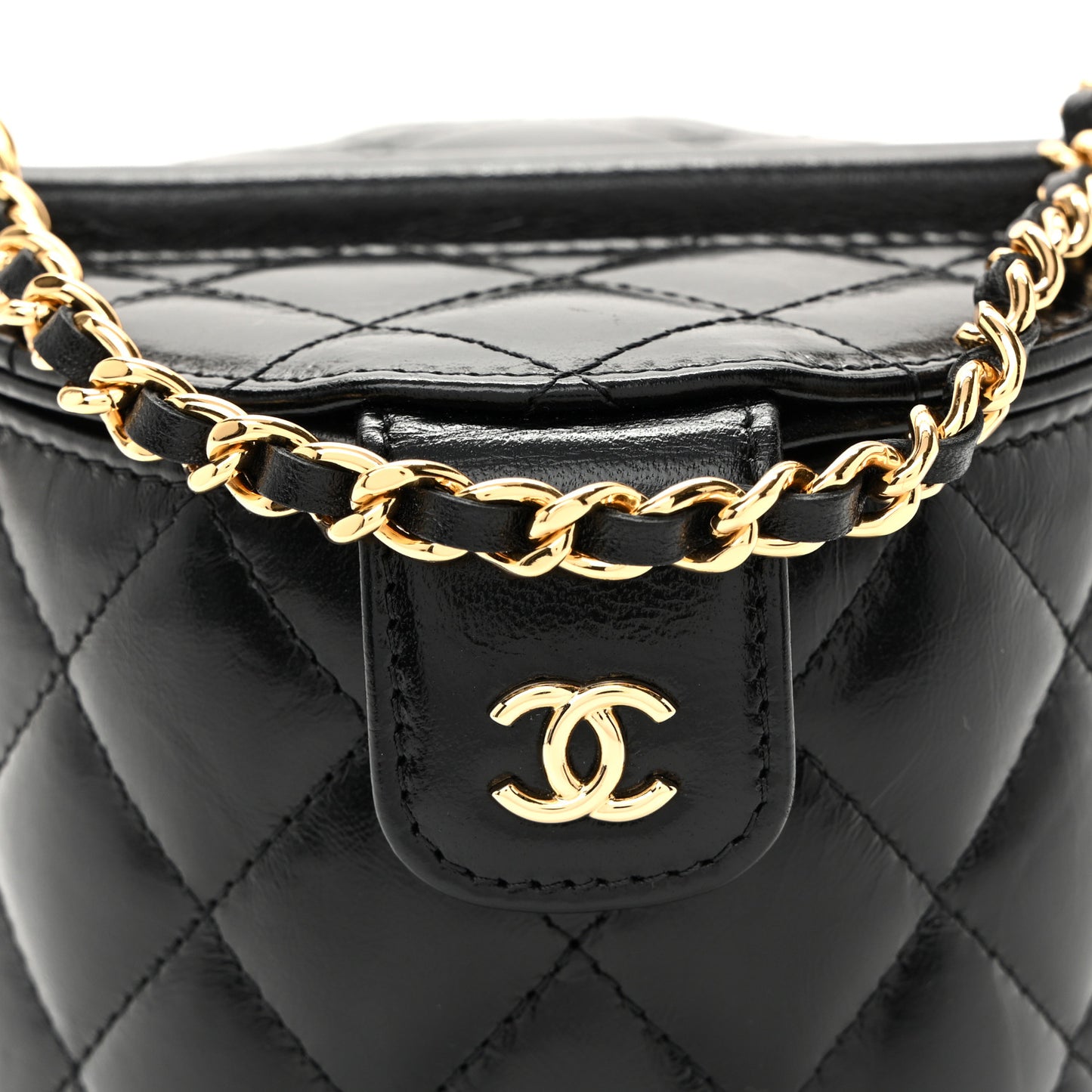 Lambskin Quilted Chain Top Handle Vanity With Chain  Black