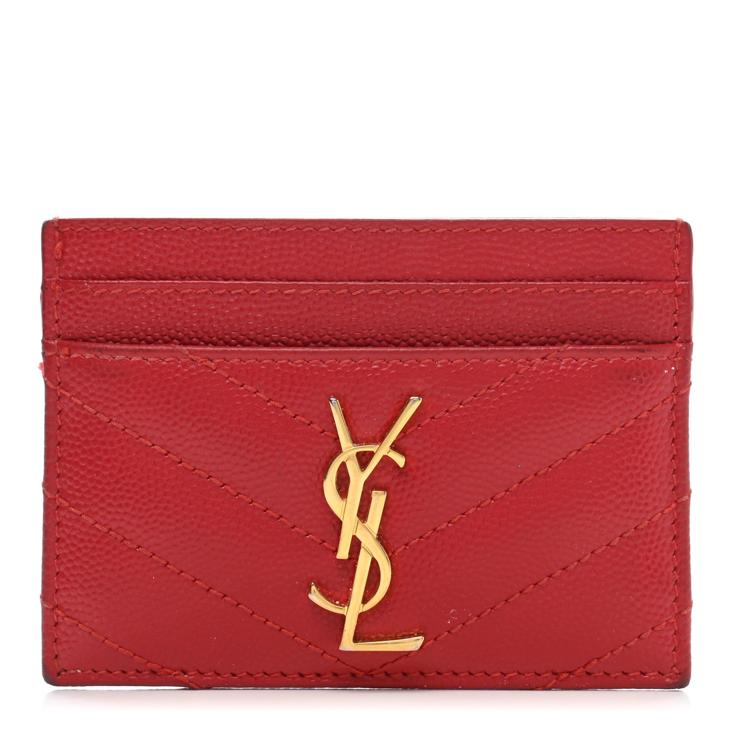 Saint Laurent Grain De Poudre Matelasse Chevron Monogram Credit Card Case New Red 1 of 12