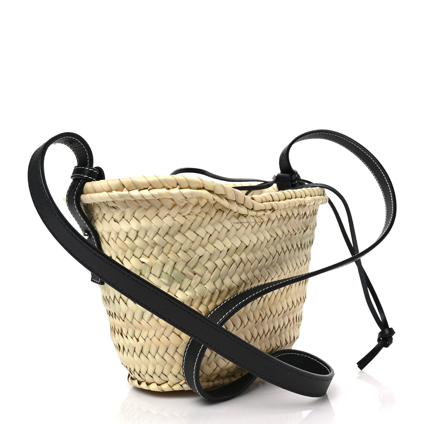 Leaf Palm Calfskin Drawstring Bucket Bag Natural Black
