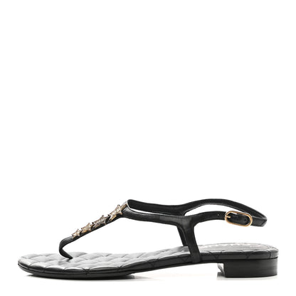 Chanel Calfskin Paris Dallas Quilted Star CC Thong Sandals 37 Black 1 of 8