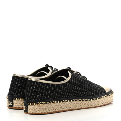 Chanel Tweed Lambskin Chain Lace Up Espadrille Sneakers 39 Black Gold 4 of 9