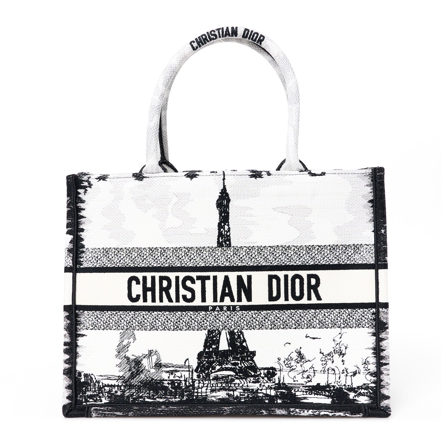 Christian Dior Canvas Embroidered Medium Paris Book Tote White Black 1 of 10