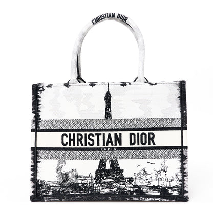 Christian Dior Canvas Embroidered Medium Paris Book Tote White Black 1 of 10