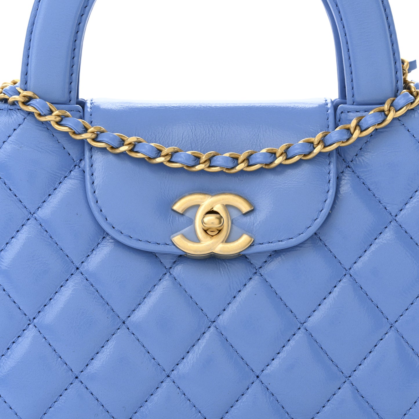 Shiny Aged Calfskin Quilted Nano Kelly Shopper Blue