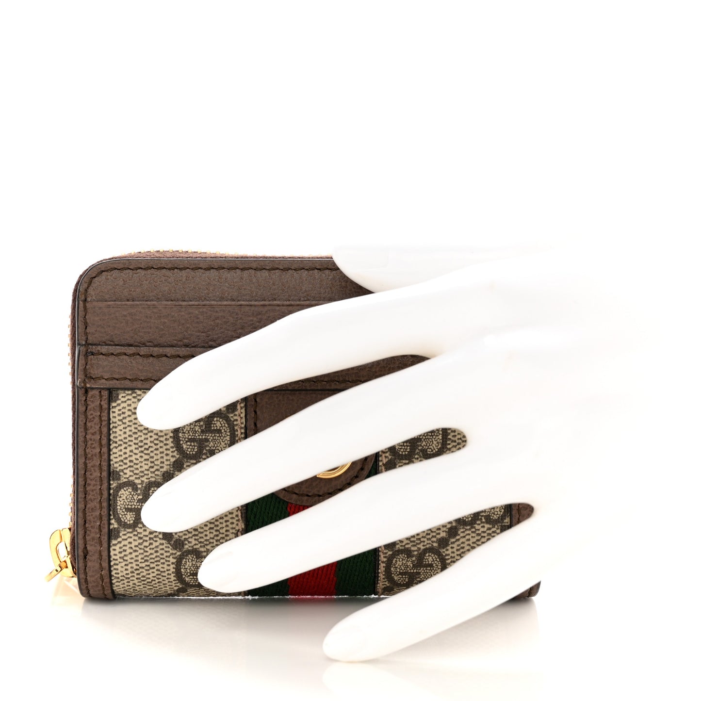 GG Supreme Monogram Textured Dollar Calfskin Web Ophidia Zip Around Card Case Wallet Beige Ebony New Acero