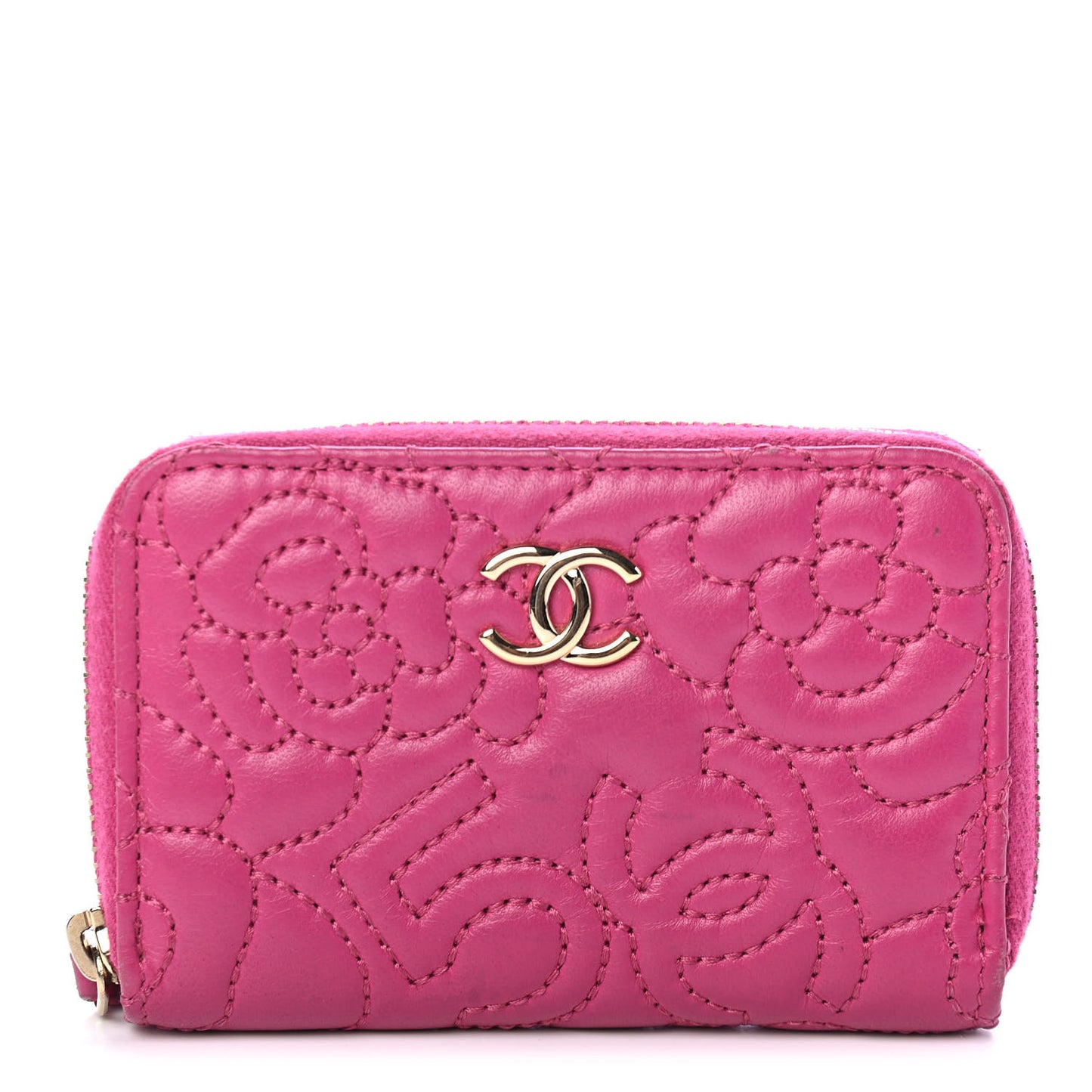 Lambskin Camellia Embossed Zip Coin Purse Fuchsia