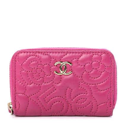 Chanel Lambskin Camellia Embossed Zip Coin Purse Fuchsia 1 of 7