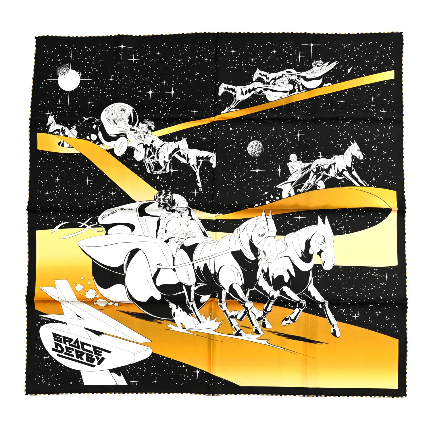Hermes Silk Space Derby Scarf 90 Black White Gold 1 of 6