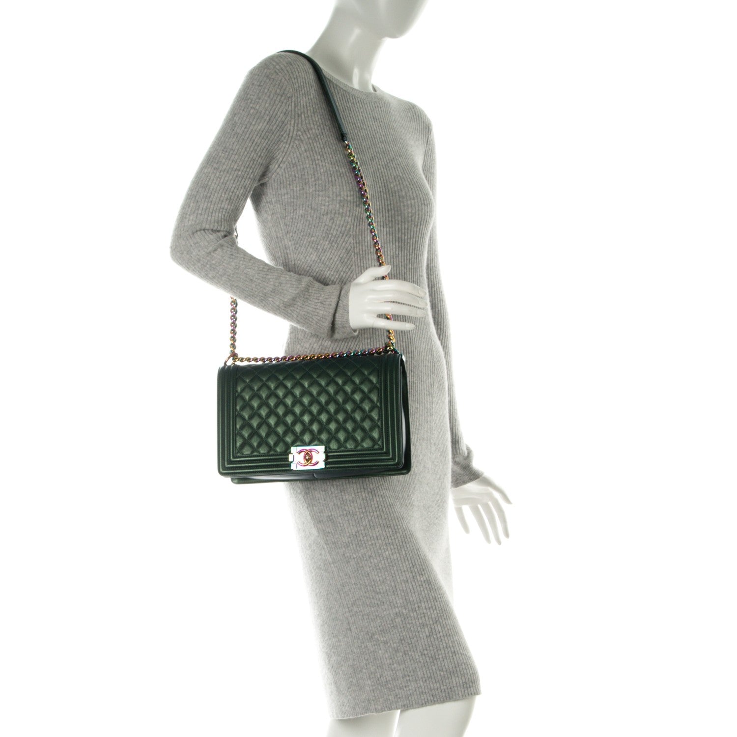 Chanel Iridescent Goatskin Quilted New Medium Boy Flap Green 2 of 8