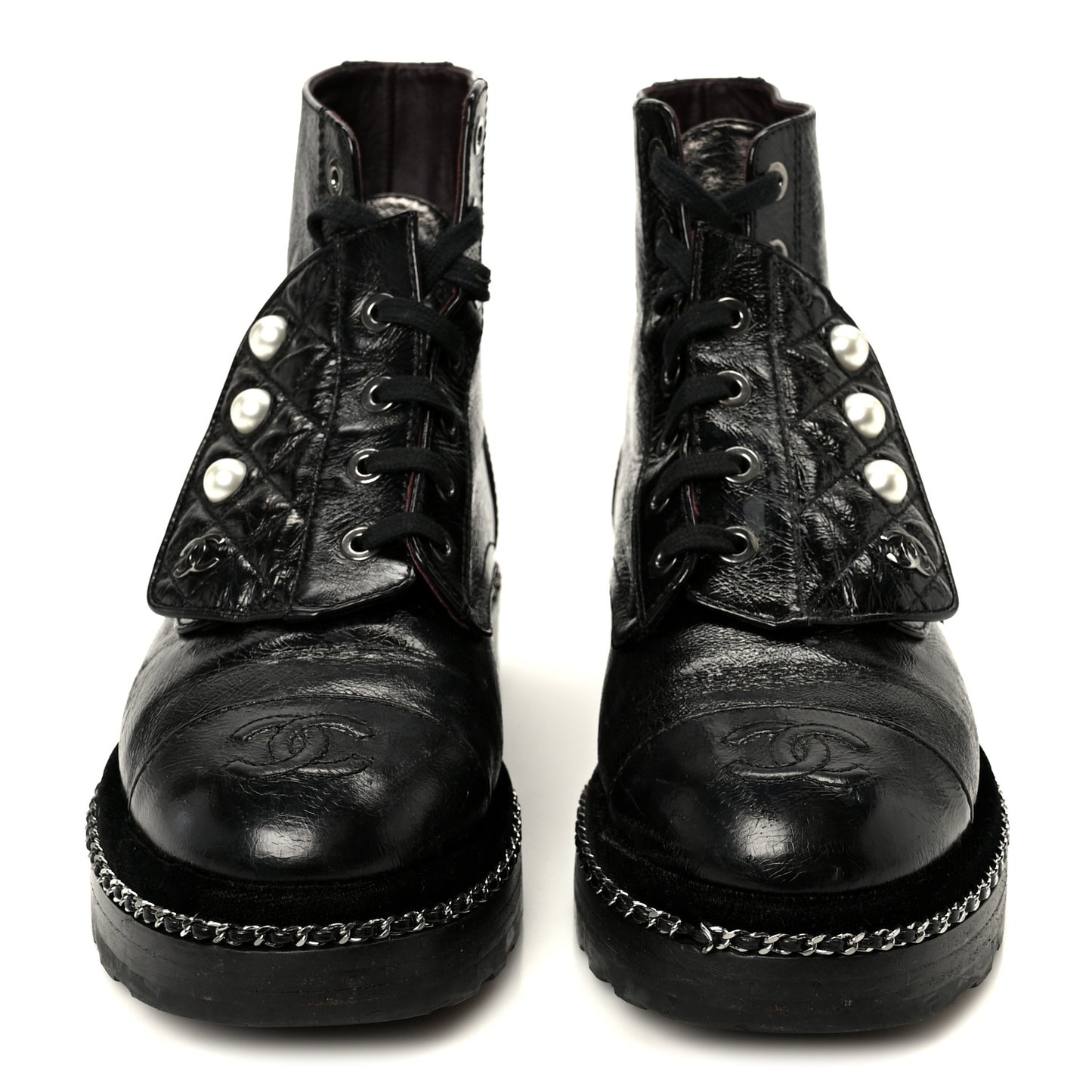 Crackled Calfskin Velvet Pearl Combat Short Boots 36 Black