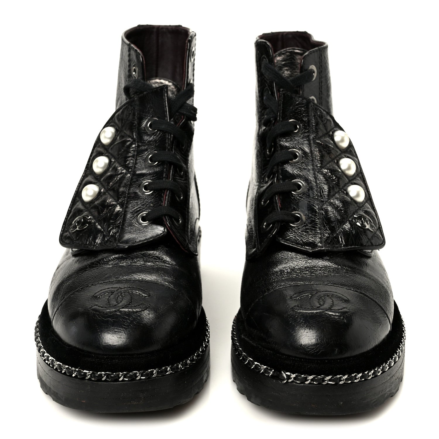 Chanel Crackled Calfskin Velvet Pearl Combat Short Boots 36 Black 3 of 11
