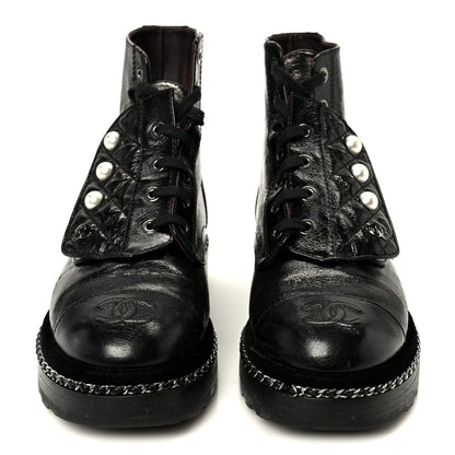 Chanel Crackled Calfskin Velvet Pearl Combat Short Boots 36 Black 3 of 11
