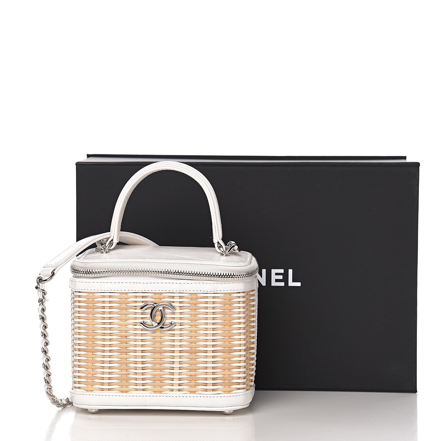 Chanel Calfskin Raffia Small Vanity Case Bag White Beige 10 of 10