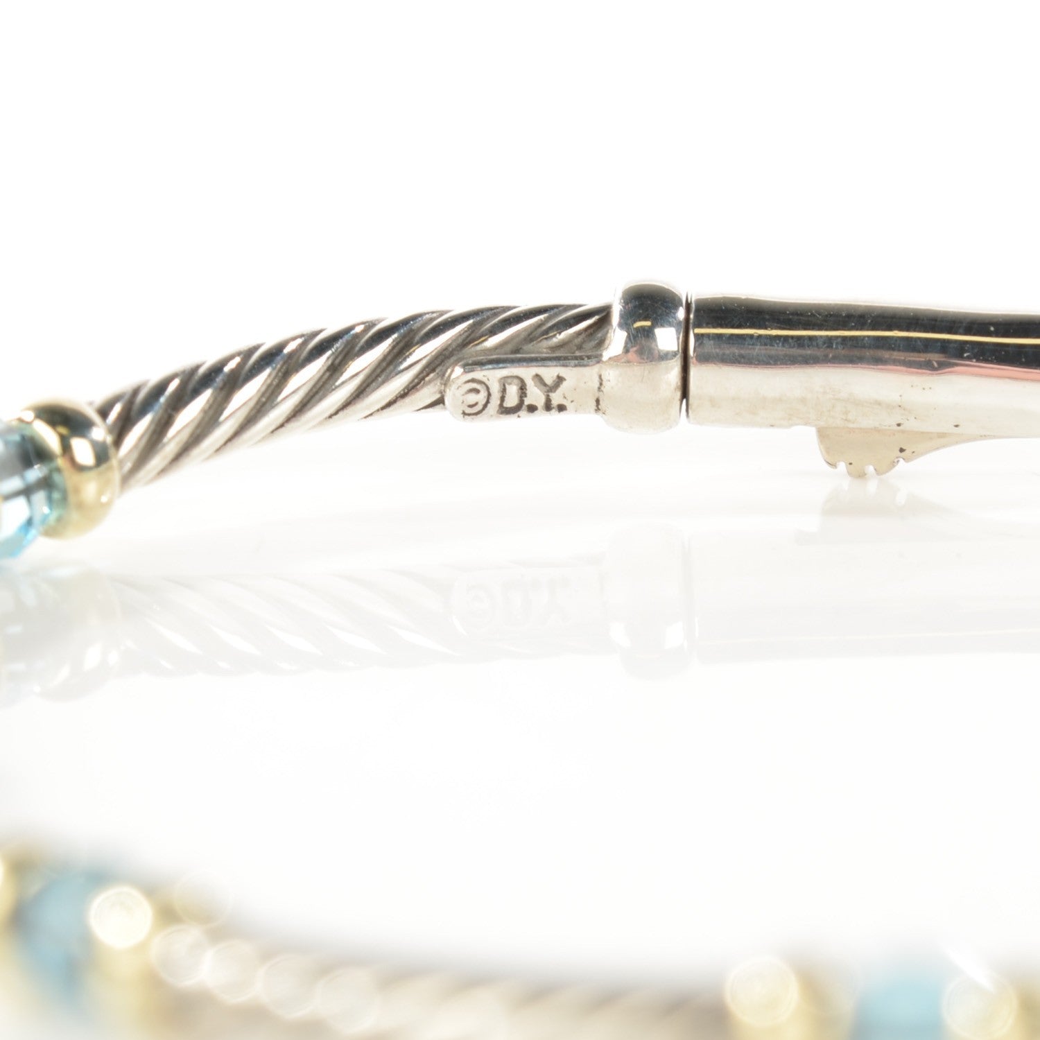 David Yurman Sterling Silver 14K Yellow Gold Blue Topaz Beaded 4mm Cable Bracelet 6 of 6