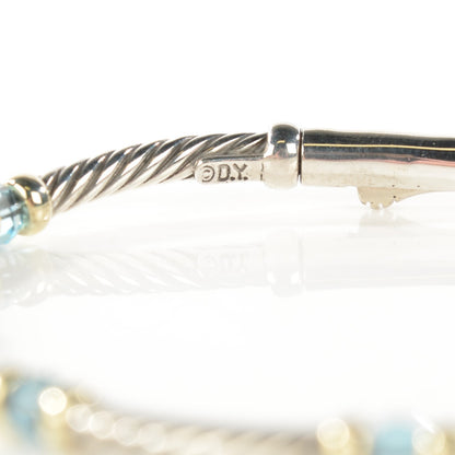David Yurman Sterling Silver 14K Yellow Gold Blue Topaz Beaded 4mm Cable Bracelet 6 of 6
